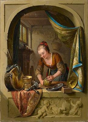 unknow artist A young woman cleaning pans at a draped stone arch. oil painting image
